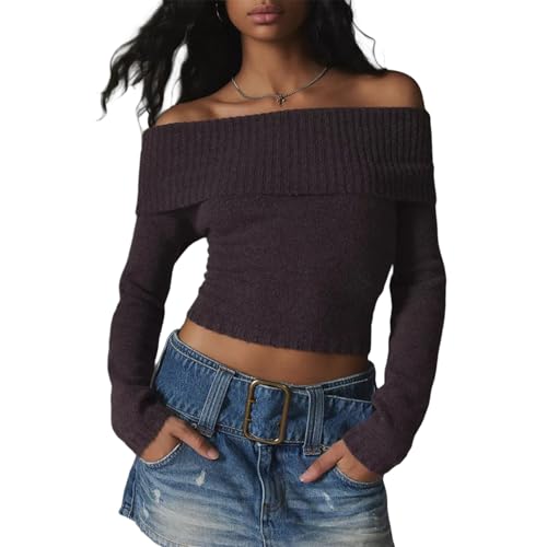 Image of Women Off The Shoulder Sweater Y2k Long Sleeve Boat Neck Knit Cropped Pullover Tops Fall Trendy Going Out Streetwear