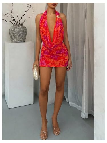 Image of OYOANGLE Women's Sexy Deep V Halter Dress Floral Bodycon Club Mini Dresses