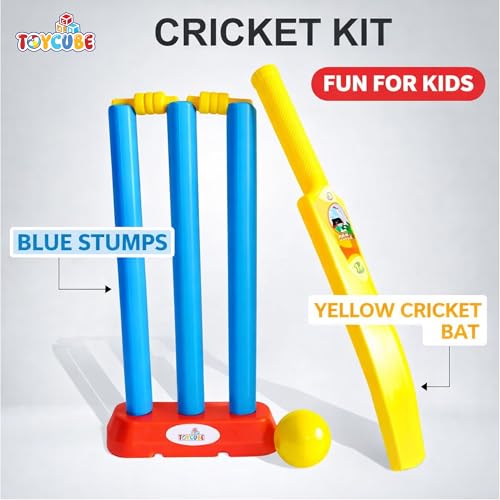 Image of Kids Plastic Cricket Set with Bat, Stumps & Ball - Lightweight Indoor & Outdoor Cricket Toy Set Cricket Set (Age 4+) Complete Plastic Cricket Kit for Kids (Yellow)