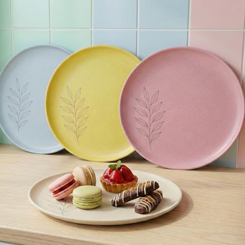 Happy Cove Eco-Friendly Dessert Plate Set of 4, 8 Inch with Engraving Design, Rice Husk and Bamboo Fibre Serving Plates | Unbreakable, Microwave Safe, Oven Plate, Multicolour