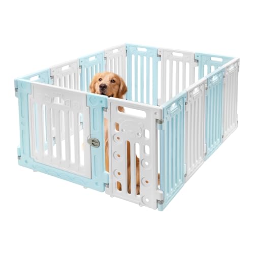 Dog Playpen with Door, 11 Panel, 25.6 inch H, Pet Safety Playpen for Small or Medium Dogs (Blue and White)
