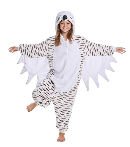 Kgromfy Unisex Owl Costume for Kids Halloween Outfit Teens Novelty Animal Cosplay Jumpsuit Comfy Flannel Homewear White M