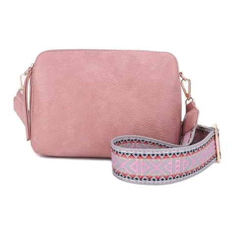 JESSIE & JAMES Rebecca Triple Compartment Lock and Key Lightweight Medium Crossbody Purse with Guitar Strap - Mauve Cover