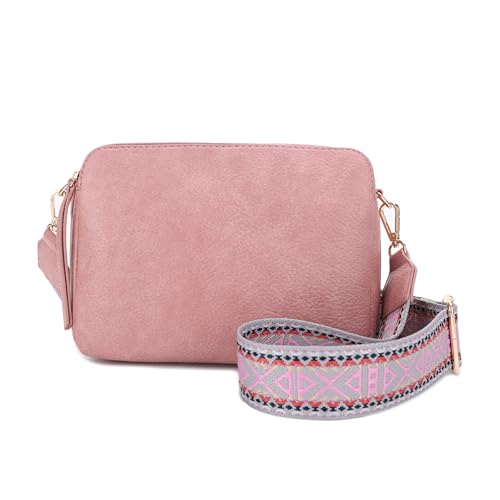 JESSIE & JAMES Rebecca Triple Compartment Lock and Key Lightweight Medium Crossbody Purse with Guitar Strap Mauve