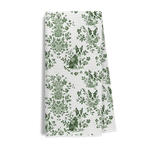 Image of Chinoiserie Boston Terrier Kitchen Towels, Green and White Floral Dog Dish & Tea Towels 16x24 Inch, Vintage Toile Farmhouse Kitchen Bathroom Decor, Dog Lover Gifts