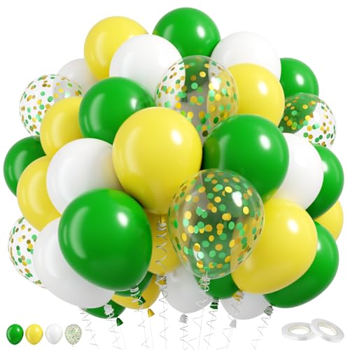 Image of Green and Yellow Balloons, 60 Pcs 12 Inch Dark Green Yellow White Latex Balloons with Gold Confetti for Graduation Birthday Golf Party Decorations