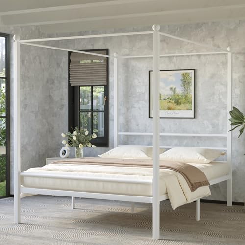 Lutown-Teen King Size Canopy Bed, Four Poster Metal Frame, White
