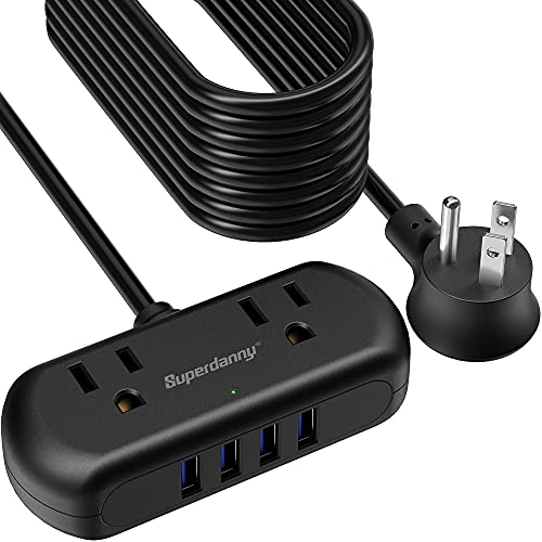 SUPERDANNY Power Strip with USB, 9.8ft Mini Desktop Charging Station with 2 Wide-Spaced Outlets & 4 USB Ports, Portable Flat Plug Extension Cord for Travel, Dorm, Room, Home Office Essentials, Black