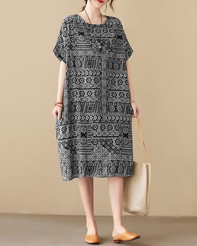 Image of LUZU JUNU Women's Summer Baggy Plus Size Loose Cotton Linen Long Boho Beach Dress with Pockets