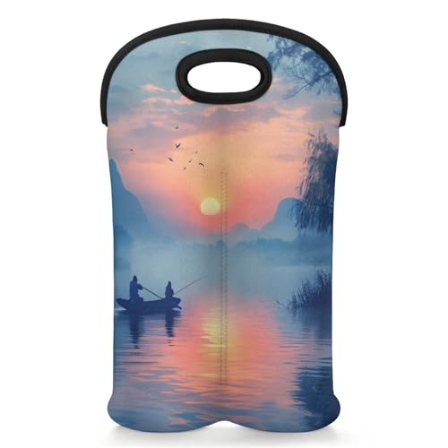 GzLeyigou 2 Bottles Lake Wine Bag Sleeve Totes Neoprene Protective Wine Carrier Bag for Wine,Water, Champagne, Beer, Baby Bottles,Gift 14.5 x 10 Inches