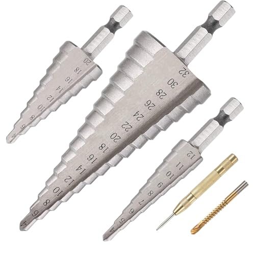 5 Pezzi Set Punte Trapano,3 Pezzi Fresa Conica Trapano a Gradini 4-/12/20/32,1 Pezzi Punzone Centrale Automatico e 1 Pezzi Punta Elicoidale a Spirale, Per Legno,Metallo