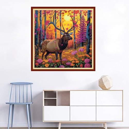 Image of Joyhoor Cross Stitch Kits for Beginners Stamped Cross-Stitch Supplies Needlework preprint Embroidery Kits for Adults DIY Needlepoint Kits Embroidery Patterns 11CT-Deer Landscape 18x18 inchs