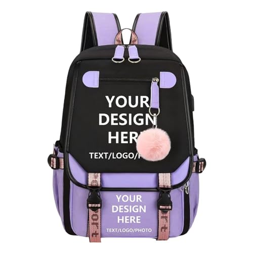 18 Inch Custom Backpack Personalized Text Image Design Custom Laptop Backpack for Men & Women Lightweight Casual Travel Bag in Black or Purple with Multiple Compartments