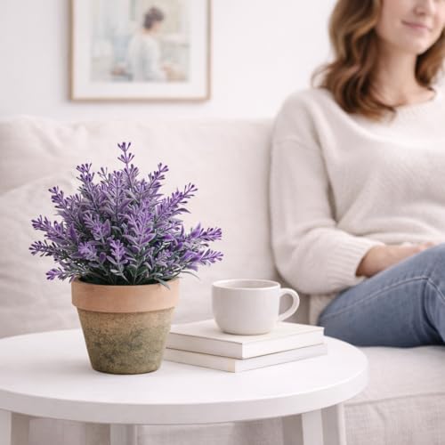 Image of Garden Art Artificial Lavender Plant in Rustic Pot - Realistic Faux Lavender Flowers for Home Decor, Office Desk, Tabletop, Farmhouse & Modern Decoration (P-093Pink)