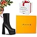 Mattiventon Black Platform Boots for Women Square Toe Chunky Heel Combat Boot Mid Calf Goth Boots