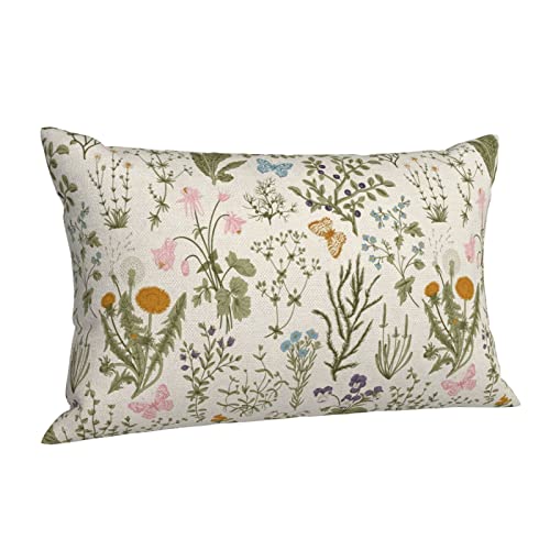 Image of AEIOAE Spring Pillow Covers 12x20 Inch Set of 2,Sage Green Wild Flower Plant Throw Pillows Case,Seasonal Floral Outdoor Decorative Square Linen Farmhouse Decor Cushion Covers for Home Sofa Bed Couch