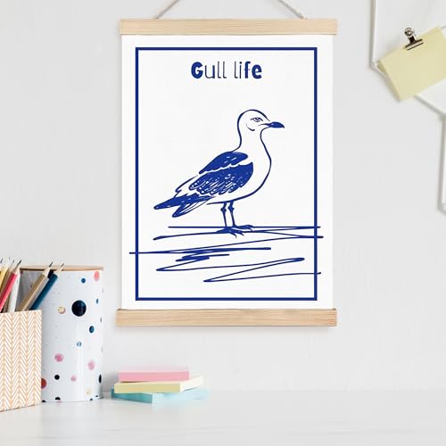 Image of PQKIY Funny Blue Coastal Seagull Bird Wall Art Poster Hanger Frame 12x16 in, Blue and White Nautical Ocean Bird Beach Wall Decor Canvas Prints for Beach House Room Home Bedroom