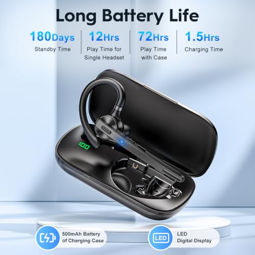 Image of Bluetooth Headset 72H Work Single-Ear Wireless Earpiece for Cell Phone Call | 2 Charging Ways & 500mAh Charging Case,Dual Mic ENC Noise Cancel, Mute Button,V5.1 Hands-Free for Phone and Laptop