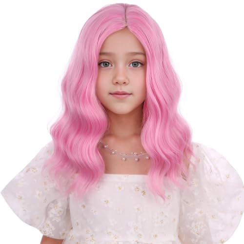 DUDUWIG Girls Light Pink Wig Kids Short Pink Wavy Curly Wigs Children Side Part Wig Synthetic Cosplay Hair Wigs