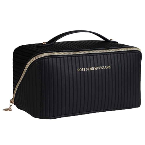 Travel Makeup Bag,Large Opening Makeup Bag,Waterproof PU Leather Makeup Bags,Portable Toiletry Bags,Large Cosmetic Organizer for Women(Black) Ultra Black