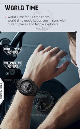 Image of NORTH EDGE Fortress Dual-Display Analog Digital Outdoor Watch with Stopwatch, Countdown Timer, World Time 33 Zones, Luminous LED Backlight, Multiple Alarms, 5 ATM Water Resistant, Black Strap