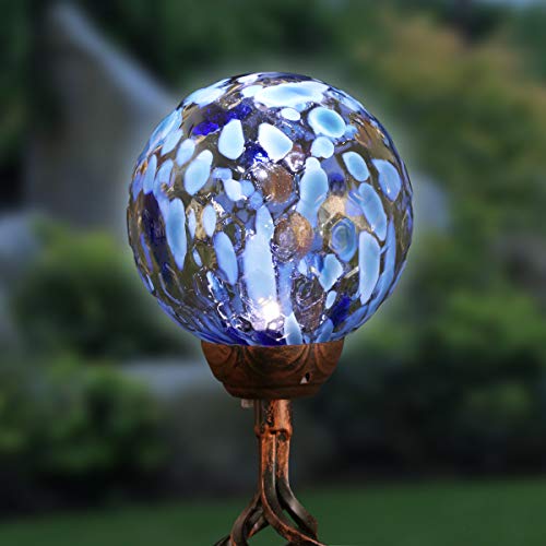 Exhart Solar Blue Honeycomb Pearlized Glass Ball Garden Stake - Honeycomb Crystal Ball Metal Stake w/LED Outdoor Lights â€“ Honeycomb Glass Globe Bronze Finial 4.9" L x 4.9" W x 46.2" H