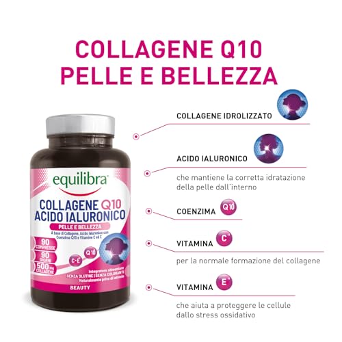 Equilibra Collagene Q10 Integratore Alimentare per il Benessere e la Bellezza della Pelle con Acido Ialuronico Contrasta Fattori di Invecchiamento Senza Glutine - 270 compresse - 2