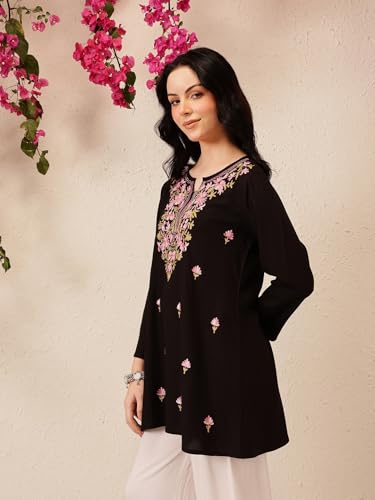 Image of QAZMI Women's Bahar Kashmiri Zari Resham Work Viscose Rayon Full Sleeves A-Line Short Kurti