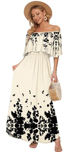 Image of AUSELILY Womens Off Shoulder Ruffle Split Summer Maxi Dresses with Pockets | Off-shoulder Ruffle dress with empire waist & side split for summer beach and casual parties