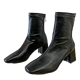 [Augmap] [Amazon限定ブランド] スクエアトゥショートブーツ ショートブーツ ソフトタッチ ストレッチブーツ フェイクレザー センターライン シューズ レディース 後ろジッパー 太ヒール 黒 白 美脚 秋冬 (ブラック, 24.0cm)