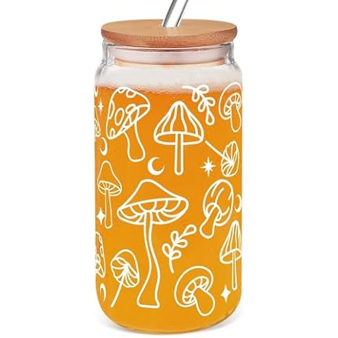 FlyweightZ Mushroom Gifts for Women - Mushroom Mug for Friends Birthday - Mushroom Themed Gifts for Sister Mom - Mushroom Stuff for Christmas - 16oz Glass Coffee Cup with Straw (White) Cover