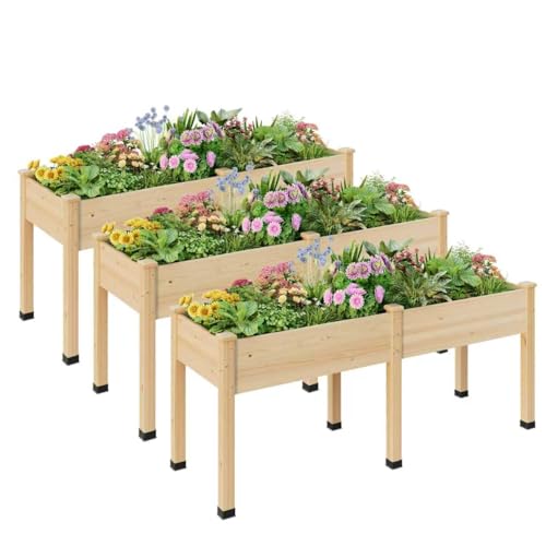 Image of Wood Raised Garden Bed, 72x24x30in Elevated Wooden Planter Box with Legs Standing Growing Bed for Backyard, Patio, Balcony with Bed Liner, 200 Pound Capacity 3PCS