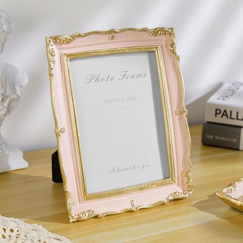 Vintage Pink 5x7 Picture Frame, Pink and Gold 5 by 7 Antique Photo Frames, Ornate Textured Hand-Crafted Resin Frame with Glass Front for Tabletop Display, Retro Design Home Decor