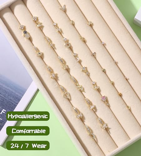 WAINIS 30Pcs 20G Dangle Nose Ring for Women L Shaped Dangling Nose Stud Surgical Steel Nose Ring Studs Dainty Flower Heart Moon Star Dangle Rings Hoops Nose Piercing4