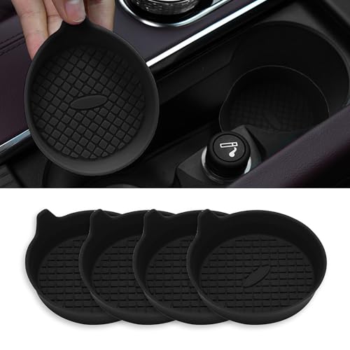 Couslcd 4 Pack Car Cup Coasters, Silicone Insert Recessed Car Cup Holder Coasters, Waterproof Non-Slip Sift-Proof Car Cup Mats, Universal Car Interior Accessories (Black)