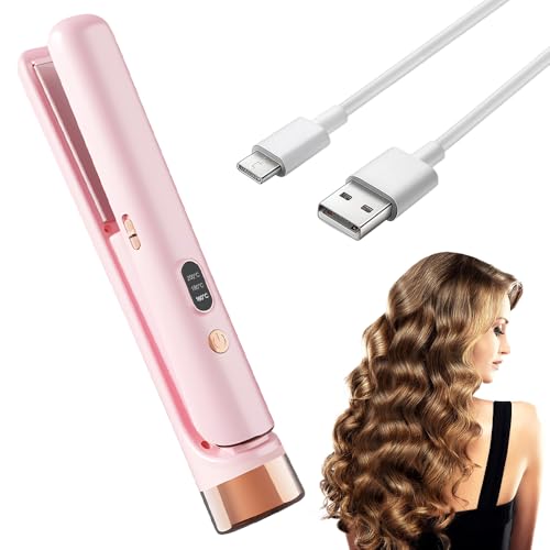 Lotvic Cordless Hair Straighteners, 2 in 1 Mini Hair Straightener, Portable Travel Straighteners, Rechargeable Straightener & Curler with 4000mAh Battery and 3 Temp Settings for Women (Pink)