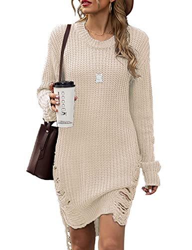 Zilcremo Women's Oversized Loose Long Pullover Sweater Dress Winter Knit Ripped Jumper Tops Apricot L
