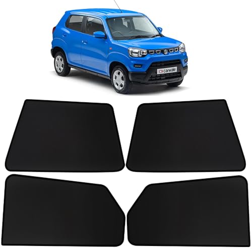 Image of OTO2EYE Car Sun Shade Compatible for Maruti Suzuki S Presso Model 2019 Onwards, Z-Black Fix Type Side Window Curtains, Only Half Cut in Front Window, 4 Pieces Set