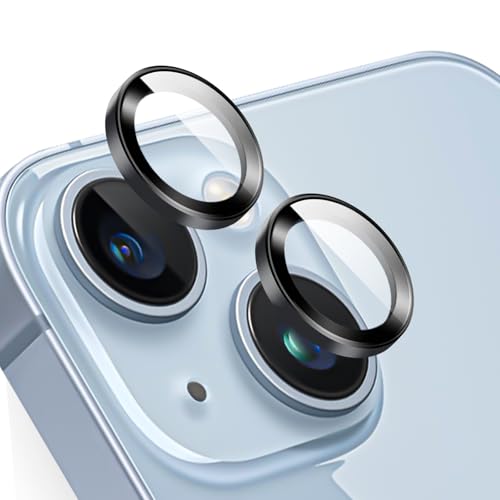 TENOC Camera Lens Protector for iPhone 14 & iPhone 14 Plus, 9H Tempered Glass Camera Screen Cover, Black Metal Individual Ring