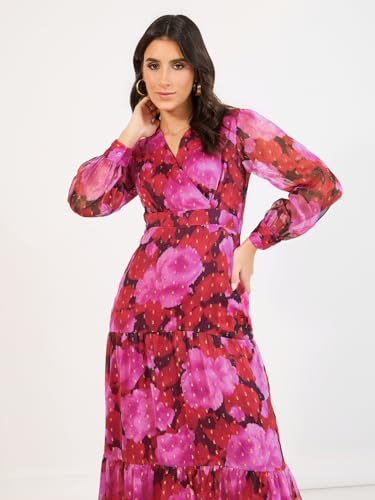 Image of Styli Women'S Floral Print V-Neck Cuff Sleeves Tiered Maxi Dress | Flattering V-Neck, Elegant Cuffed Sleeves, Flowing Tiered Silhouette. Perfect for Smart-Casual Occasions