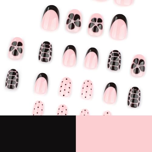 Image of Black Press on Nails Polka Dots Fake Nails Short Almond False Nail with Alligator Print Design Flower Glue on Nails Artificial Acrylic Glossy Full Cover Stick on Nail for Women Manicure 24Pcs