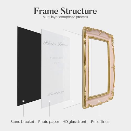4x6 Vintage Picture Frame Pink and Gold Photo Frame, 4 by 6 Picture Frames Ornate Textured Hand-Crafted Resin with Glass Front for Tabletop Display, Retro Design Home Decor