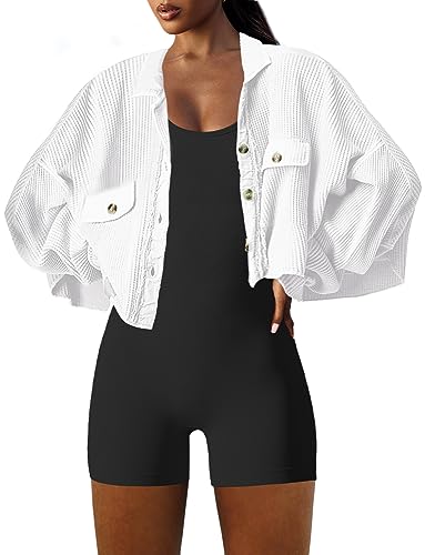 Image of Panadila Womens Waffle Knit Jacket Cropped Cardigan | Button Down Shirt, Long Sleeve Shacket, Classic Outwear with Pocket, Short Jacket, Trendy, Casual
