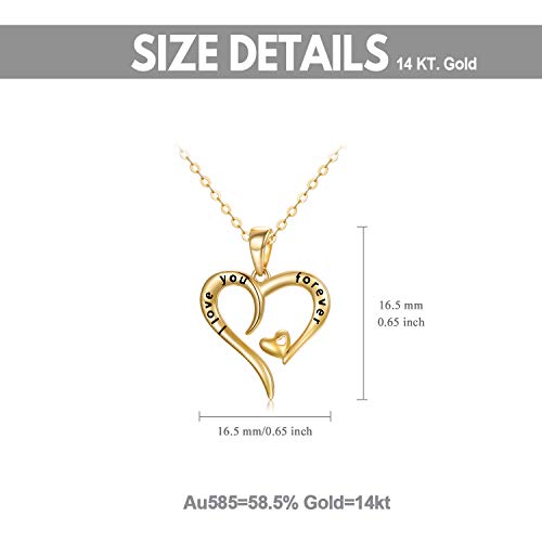 14k Gold"I love You Forever" Heart Necklace for Women, Real Gold Love Jewelry for Her, 16+1+1 Inch2