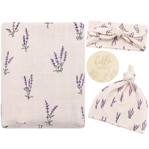 Image of LifeTree Muslin Swaddle Blankets, Muslin Baby Boy Swaddle Blanket, Headband and Hat Set with Birth Announcement Card, Newborn Unisex Receiving Organic Cotton Blankets, Lavender Pattern