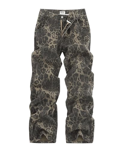 Men's Camo Cargo Pants, Tactical Baggy Straight Wide Legs Denim Work Military Trousers
