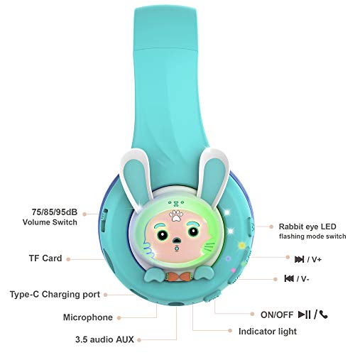 Riwbox Rb-7S Rabbit Kids Headphones Wireless, Led Light Up Bluetooth Over Ear Headset Volume Limited Safe 75Db/85Db/95Db With Mic And Tf-Card, Children Headphones For Girls Boys (Blue&Green) #TOP6