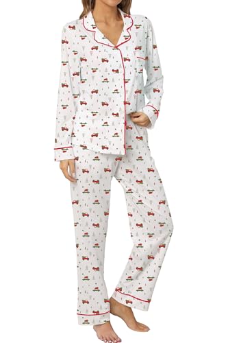 Image of LUBOT Christmas Pajamas for Women 100% Cotton Pajama 2 Piece PJ Set Soft Long Sleeve Button Xmas Print Loungewear XS-XXL