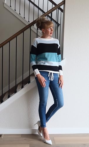 Image of Dokotoo Womens Sweaters Striped Fall Winter Outfits Drawstring Color Block | Long Sleeve,Crewneck,Lightweight Fashion Clothing,Teachers Comfy Outfits,Business Casual Tops,Vacation Wear