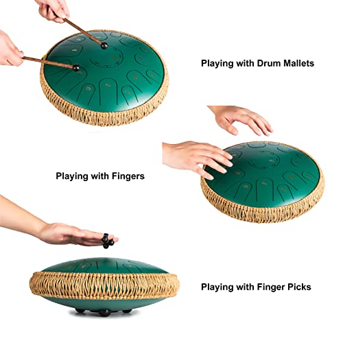 Steel Tongue Drum - Hopwell 14 Inches 15 Notes - Percussion Instruments - Hand Pan Drums With Music Book, Drum Mallets And Carry Bag, C Major, Green #TOP3